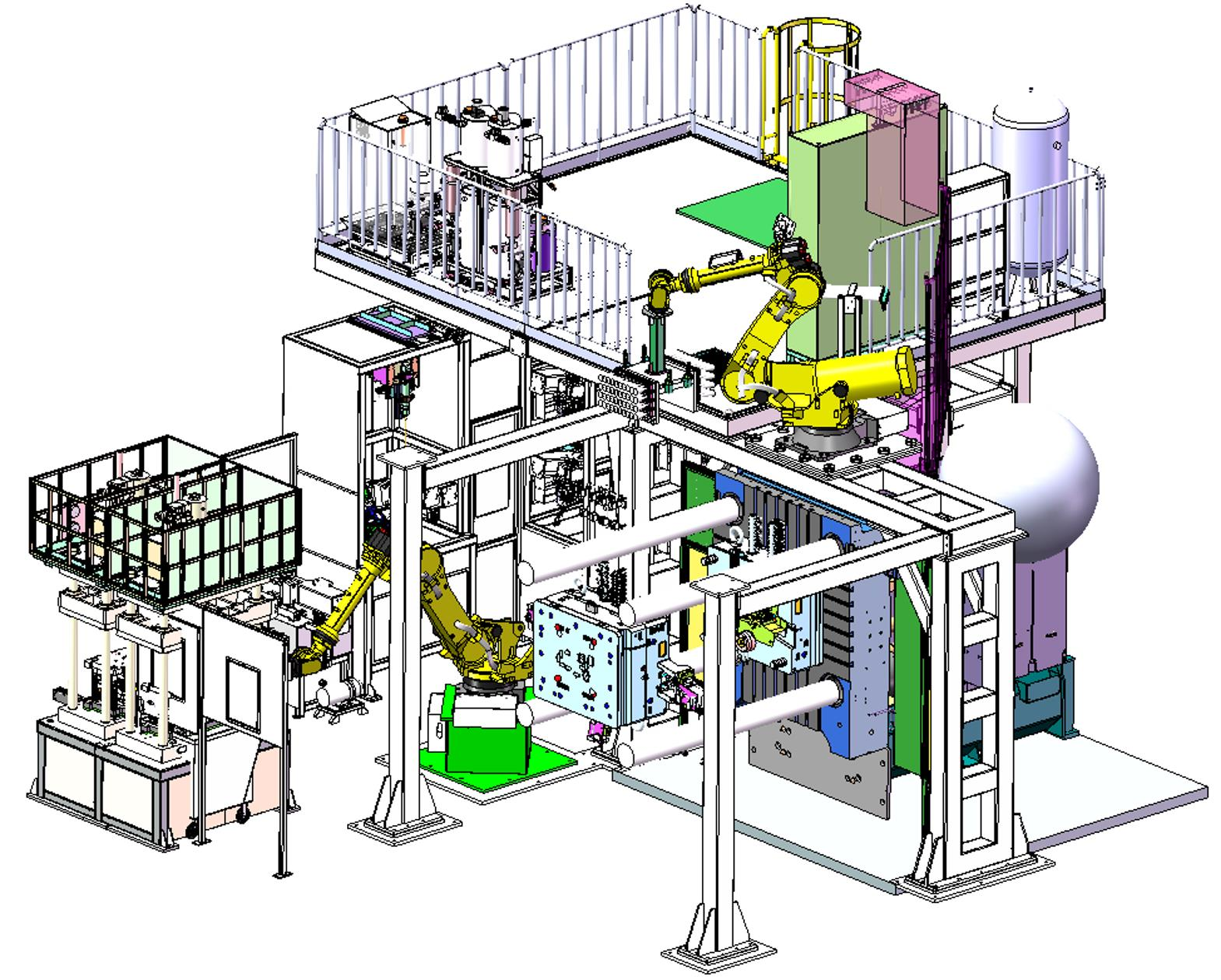 布勒1400t壓鑄機周邊用噴涂-取件、冷卻、鑲件預(yù)熱·鑲嵌、去渣包、精切機器人自動化系統(tǒng)