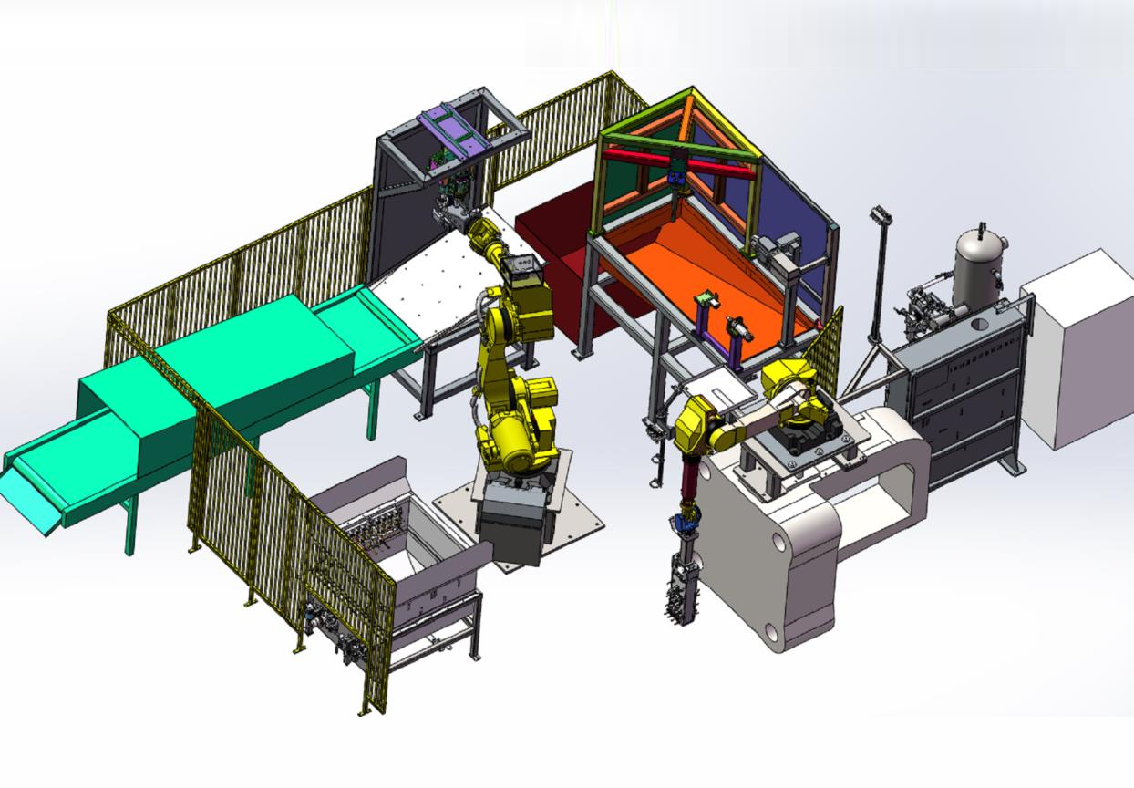 東芝800t壓鑄機(jī)周邊用噴涂-取件、去渣包、冷卻、去澆口機(jī)器人自動(dòng)化系統(tǒng)