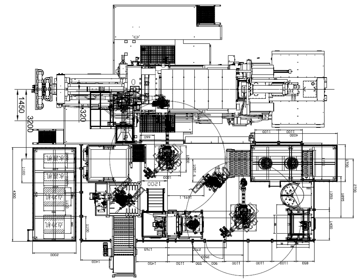 2000t die casting machine peripheral used spraying-Taking parts, removing slag, cooling, cutting - engraving robot automation system transformation